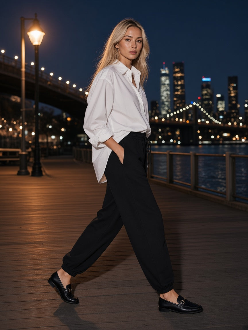 Marcel Afters Essential Jogged Sweatpants in Black, worn by a woman, city