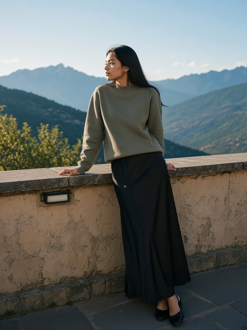 Marcel Afters Essential Non-Shrink Mock Neck Sweatshirt in Gray Green, worn by a woman, mountains
