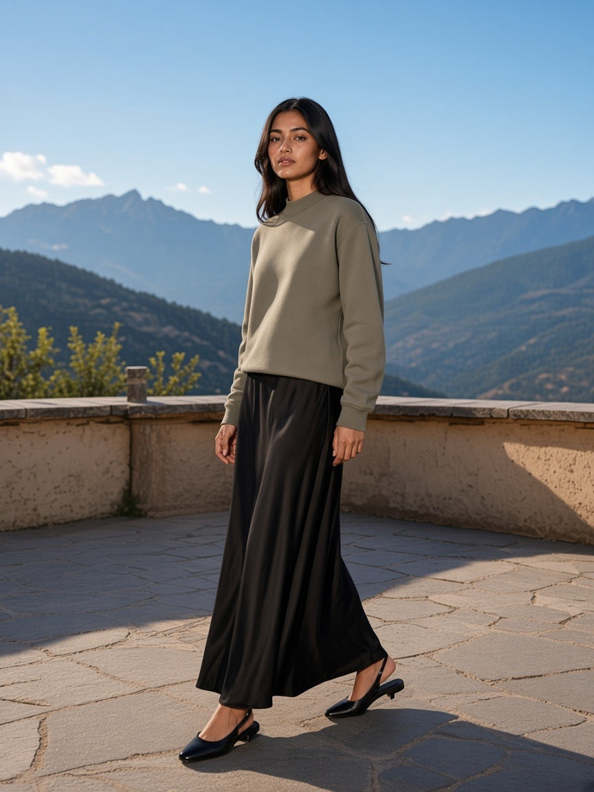 Marcel Afters Essential Non-Shrink Mock Neck Sweatshirt in Gray Green, worn by a woman, mountains