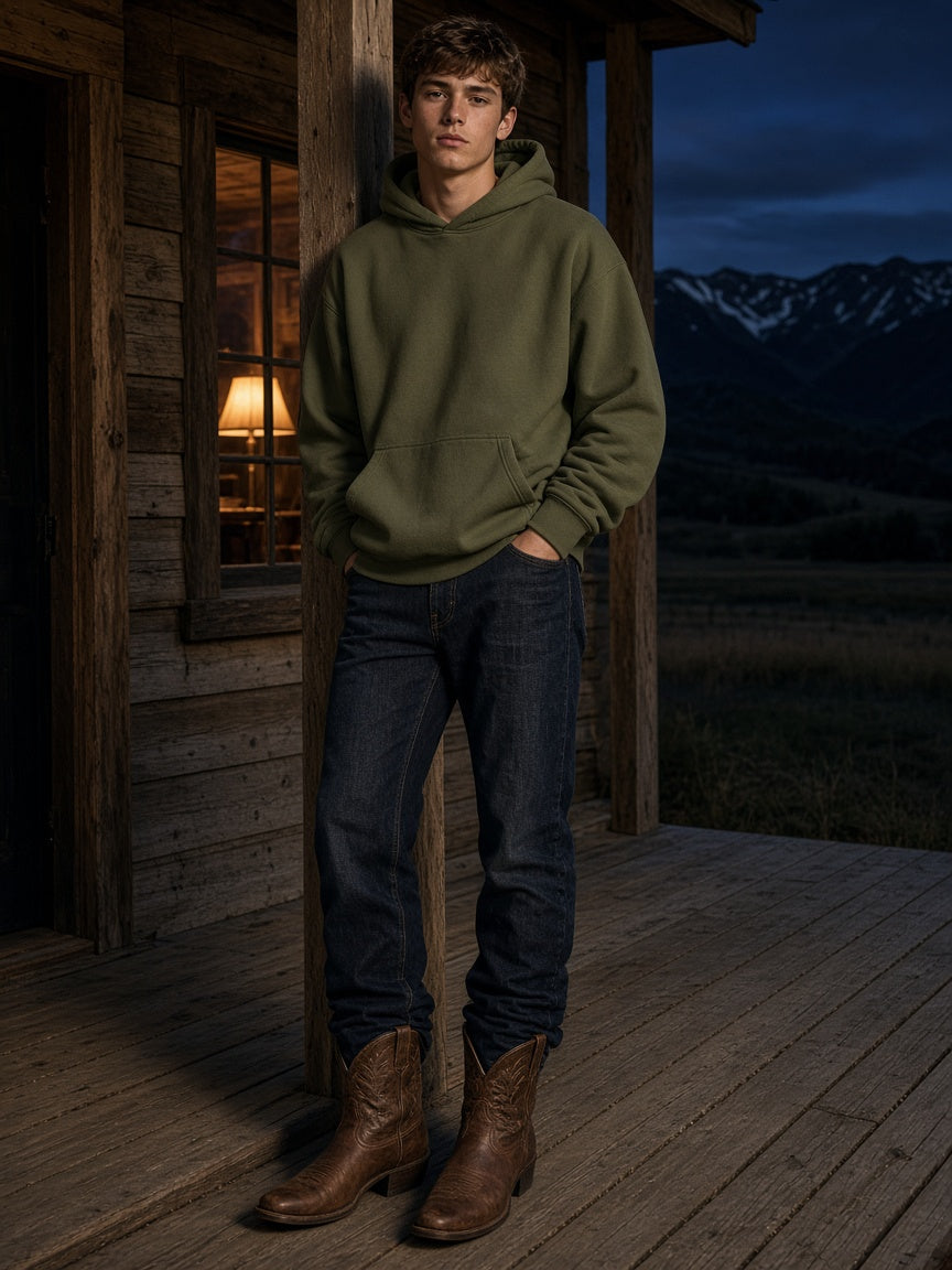 Marcel Afters Essential Oversized Hoodie in Army Green, worn by a man, wooden porch