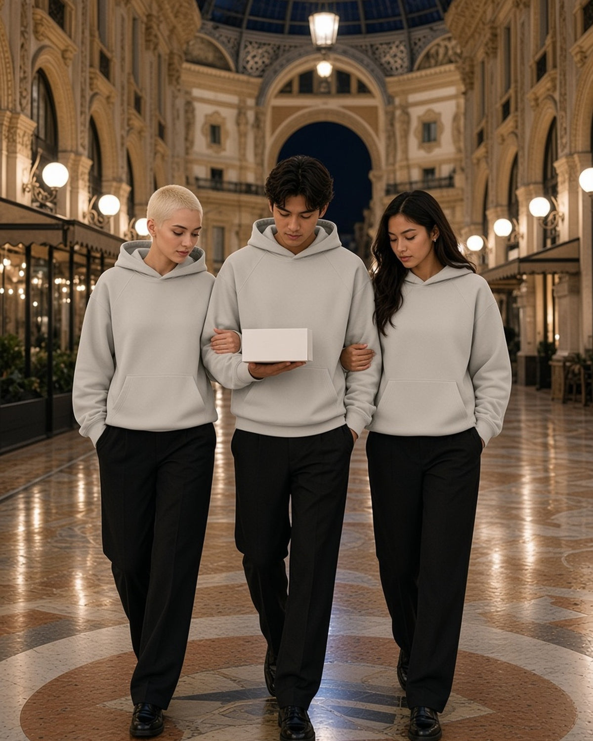Three people in the Essential Raglan Sleeve Fleece Hoodie in Oat Gray, arms linked, looking into a white cake box as they walk through a Milan arcade at night