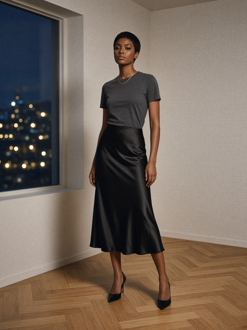 Woman wearing the Essential Standard Shoulder T-Shirt in Dark Gray, full-length model photo