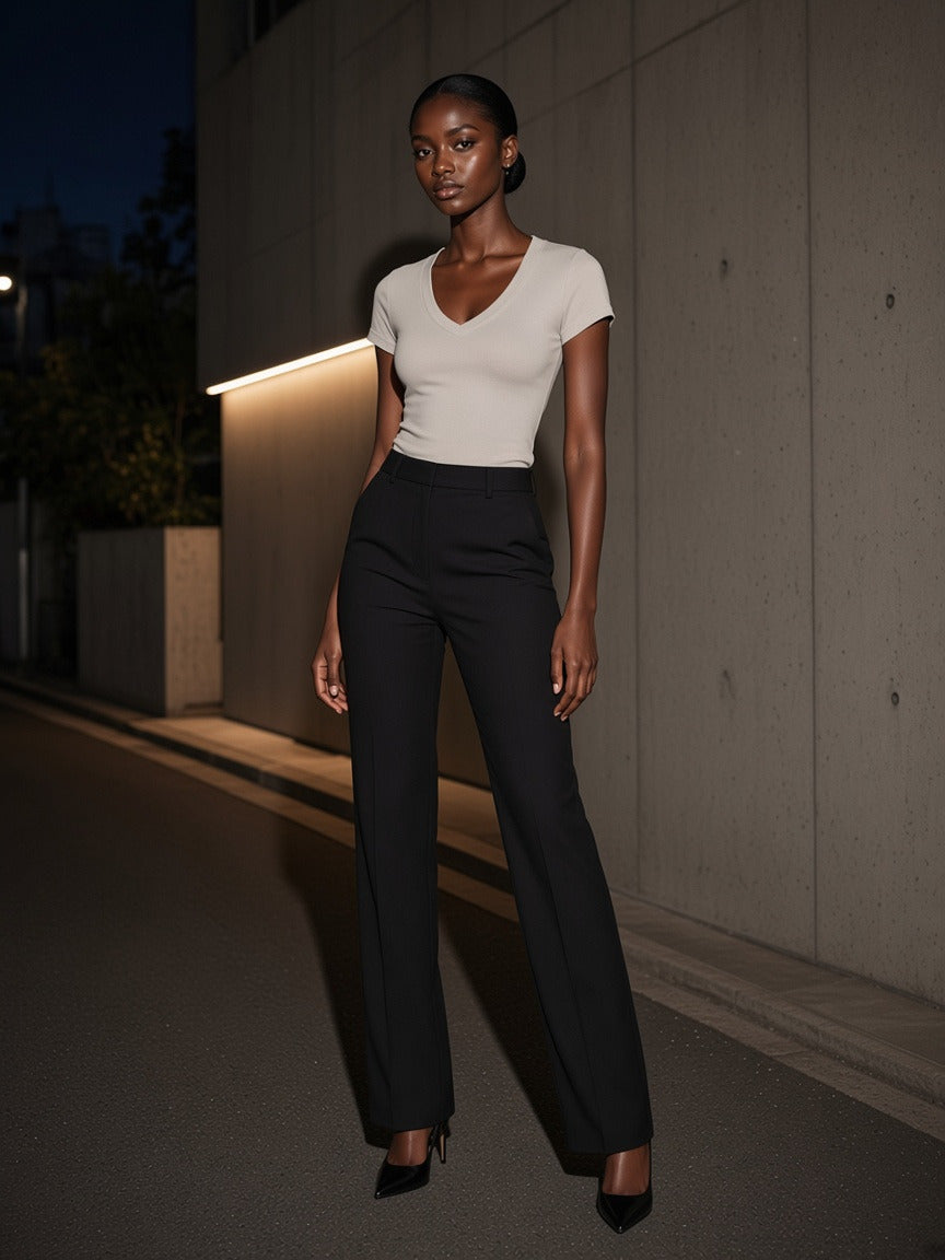 Model wearing the Essential V-Neck Bodycon T-Shirt in Light Gray, full-length model photo