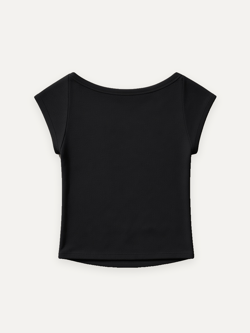 Marcel Afters Essential Wide Neck Baby T-shirt in Black, worn by a woman, plain white background