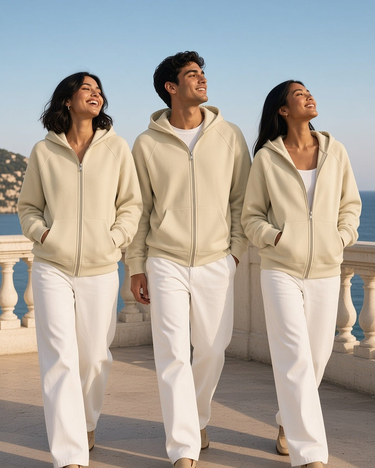 Three people in Apricot essential zip-up fleece hoodies and white trousers on a seaside terrace