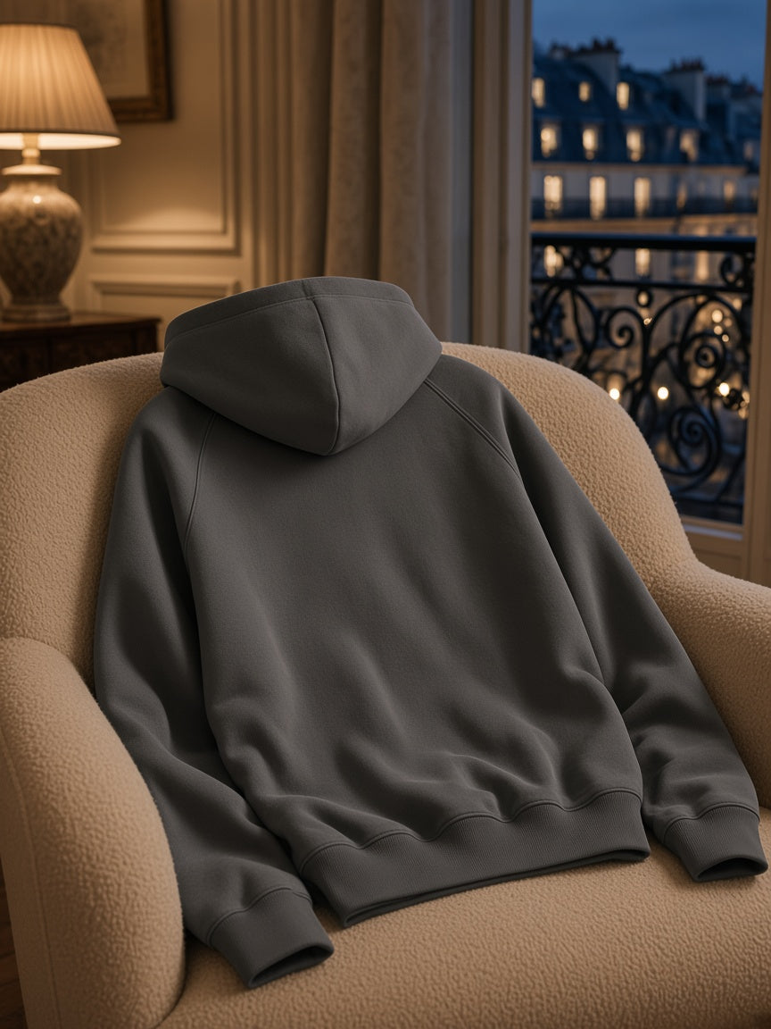 Marcel Afters Essential Zip-up Fleece Hoodie in Cement Gray, laid flat, living room