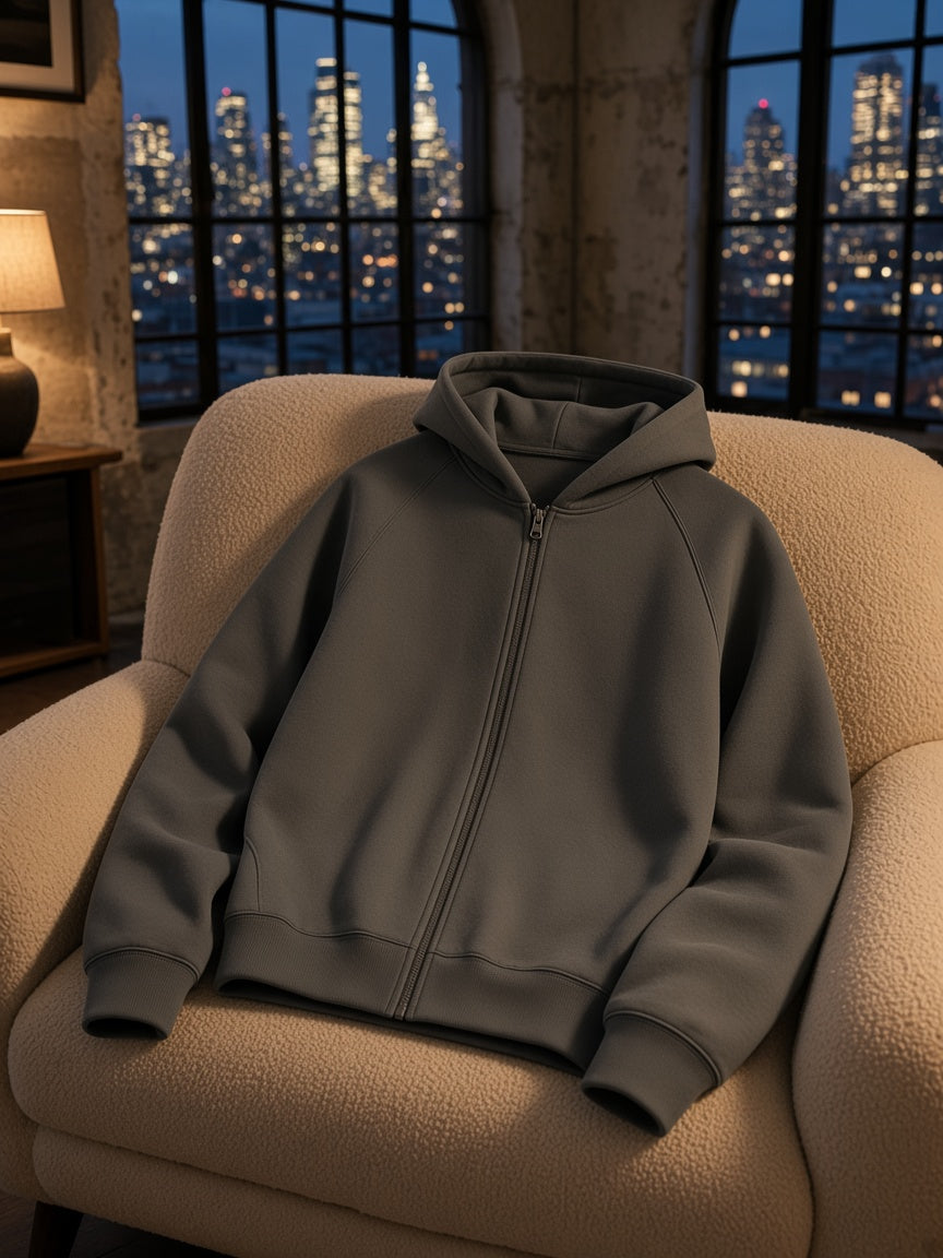 Marcel Afters Essential Zip-up Fleece Hoodie in Cement Gray, laid flat, living room
