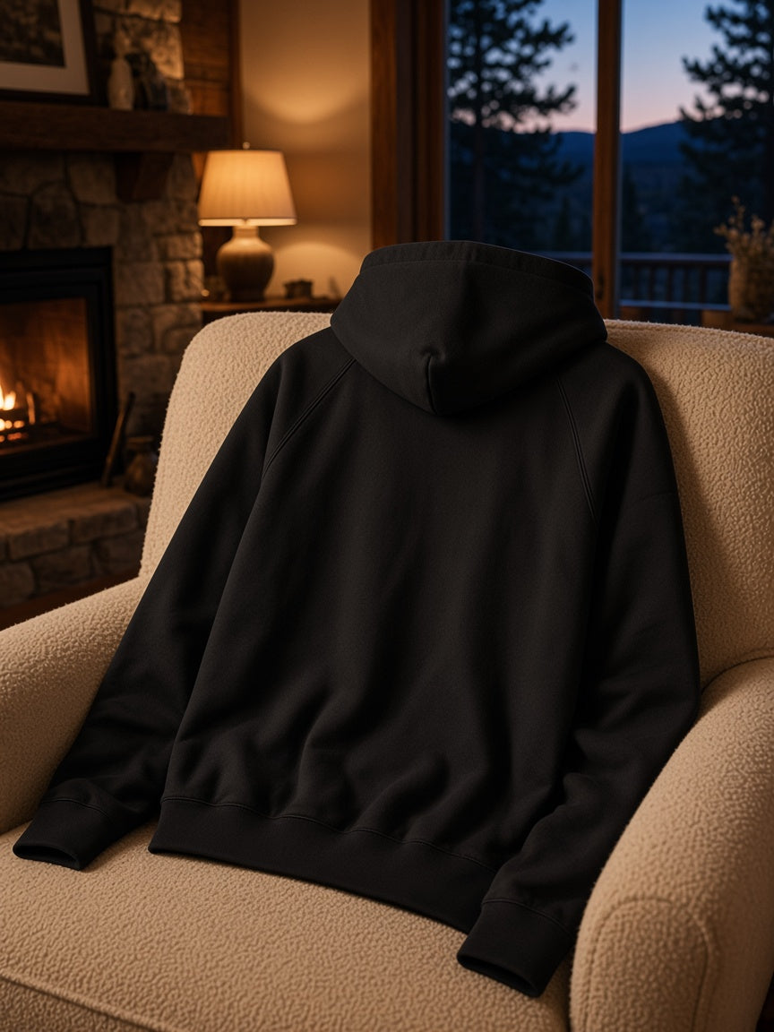 Marcel Afters Essential Zip-up Fleece Hoodie in Black, worn by a man, living room