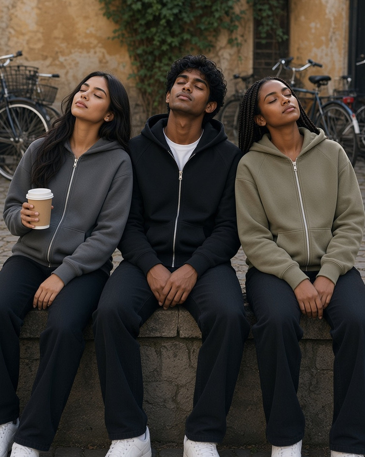 Three people in the Essential Zip-up Fleece Hoodie in Cement Gray, Black and Carbon Gray on a stone wall in a Copenhagen courtyard