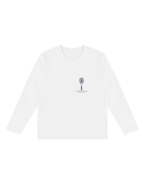 First Serve. Last Call heavyweight long sleeve tee in White, front view with a tennis racket with a cherry in the strings. Marcel Afters.
