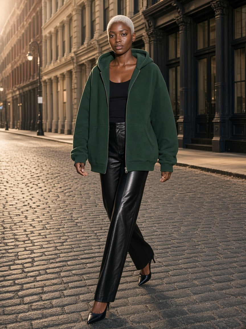 Woman wearing the Fleece Full Zip Hoodie in Dark Green, full-length model photo