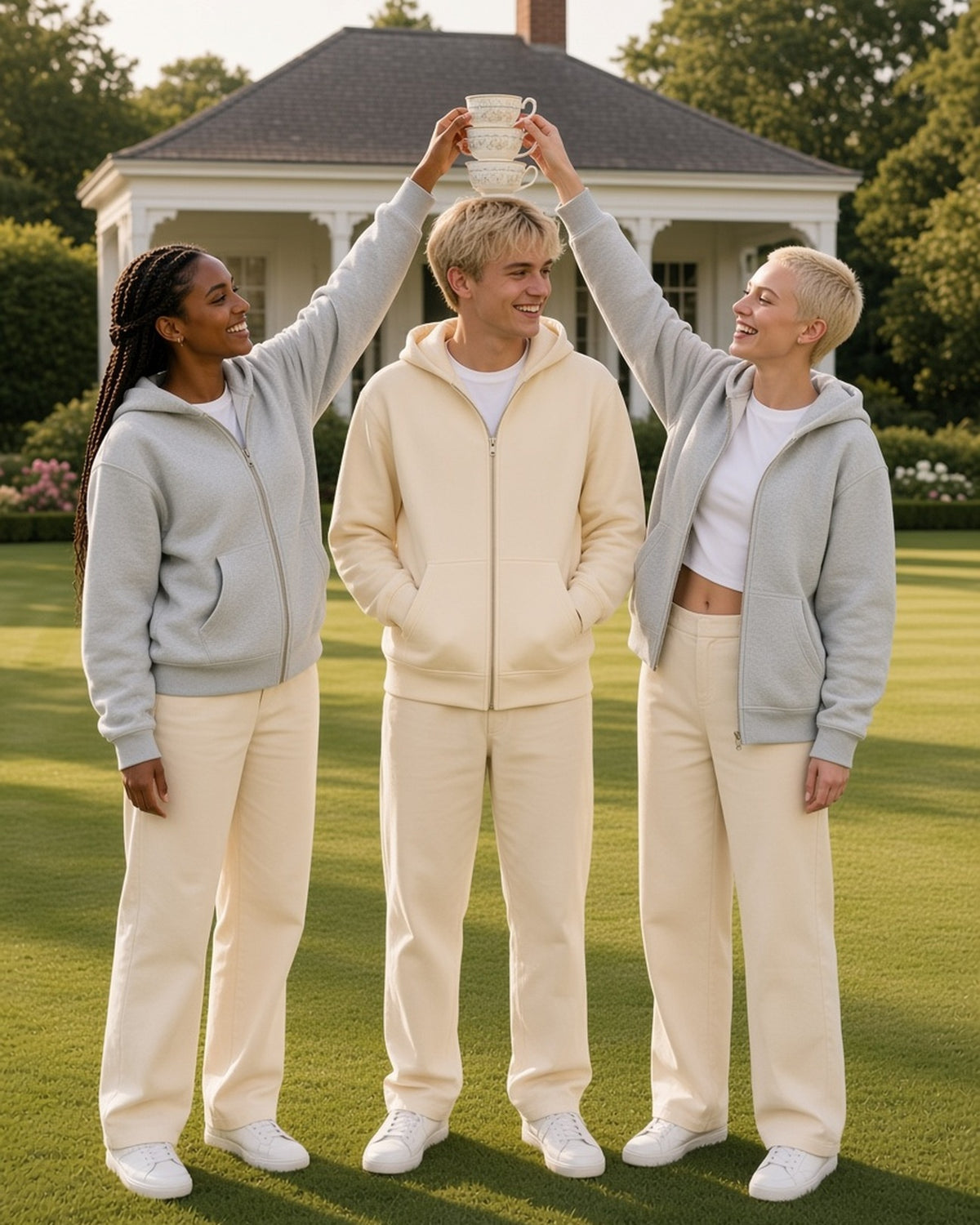 Three people in the Fleece Full Zip Hoodie in Flower Gray, Apricot and Flower Gray balancing teacups on a club lawn
