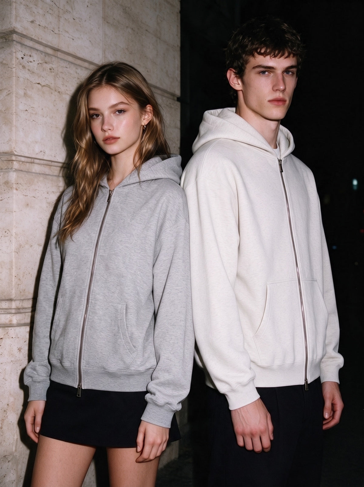 Two people wearing the Fleece Full Zip Hoodie in Flower Gray, full-length model photo