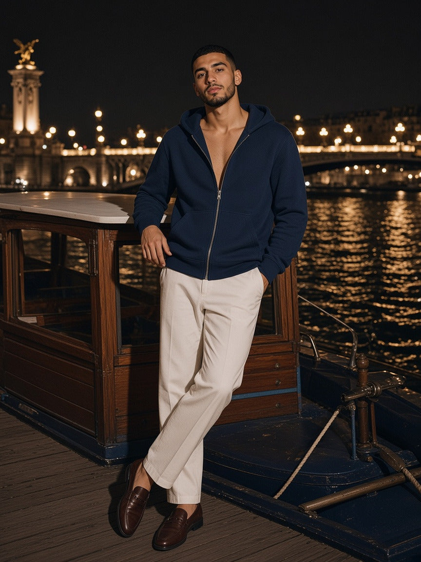 Model wearing the Fleece Full Zip Hoodie in Navy Blue, full-length model photo