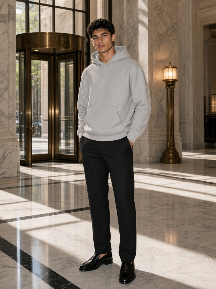Marcel Afters Fleece Regular Shoulder Hoodie in Gray, worn by a man, marble