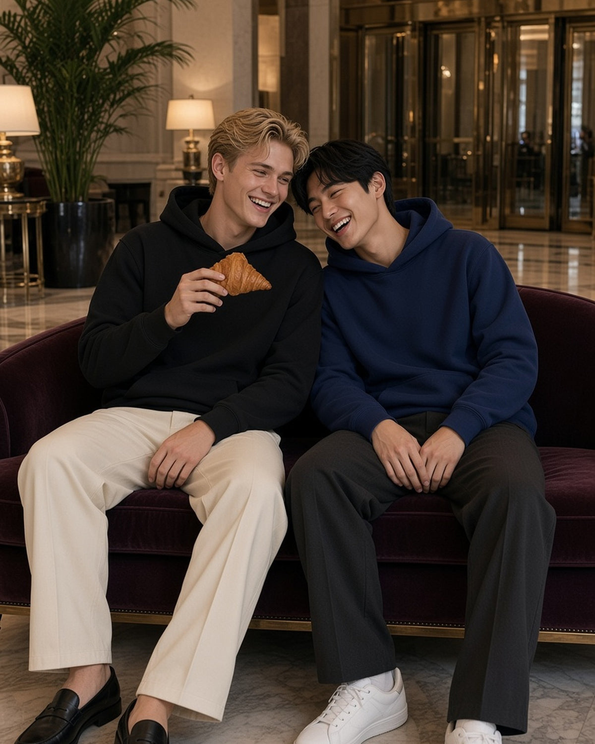 Two men in the Fleece Regular Shoulder Hoodie in Black and Navy Blue, sharing a croissant on a velvet bench in a grand-hotel lobby