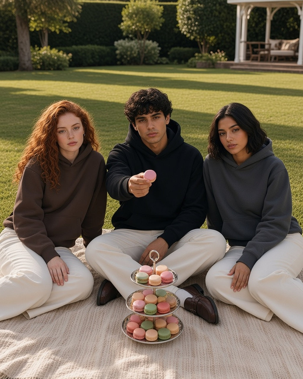 Three people in the Fleeced High Neck Hoodie in Brown, Black and Dark Gray with a tower of macarons on a club lawn