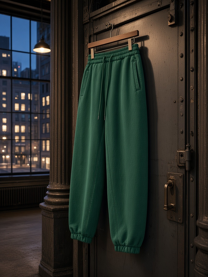 Marcel Afters Fleeced Jogger Sweatpants in Dark Green, on a hanger, industrial room