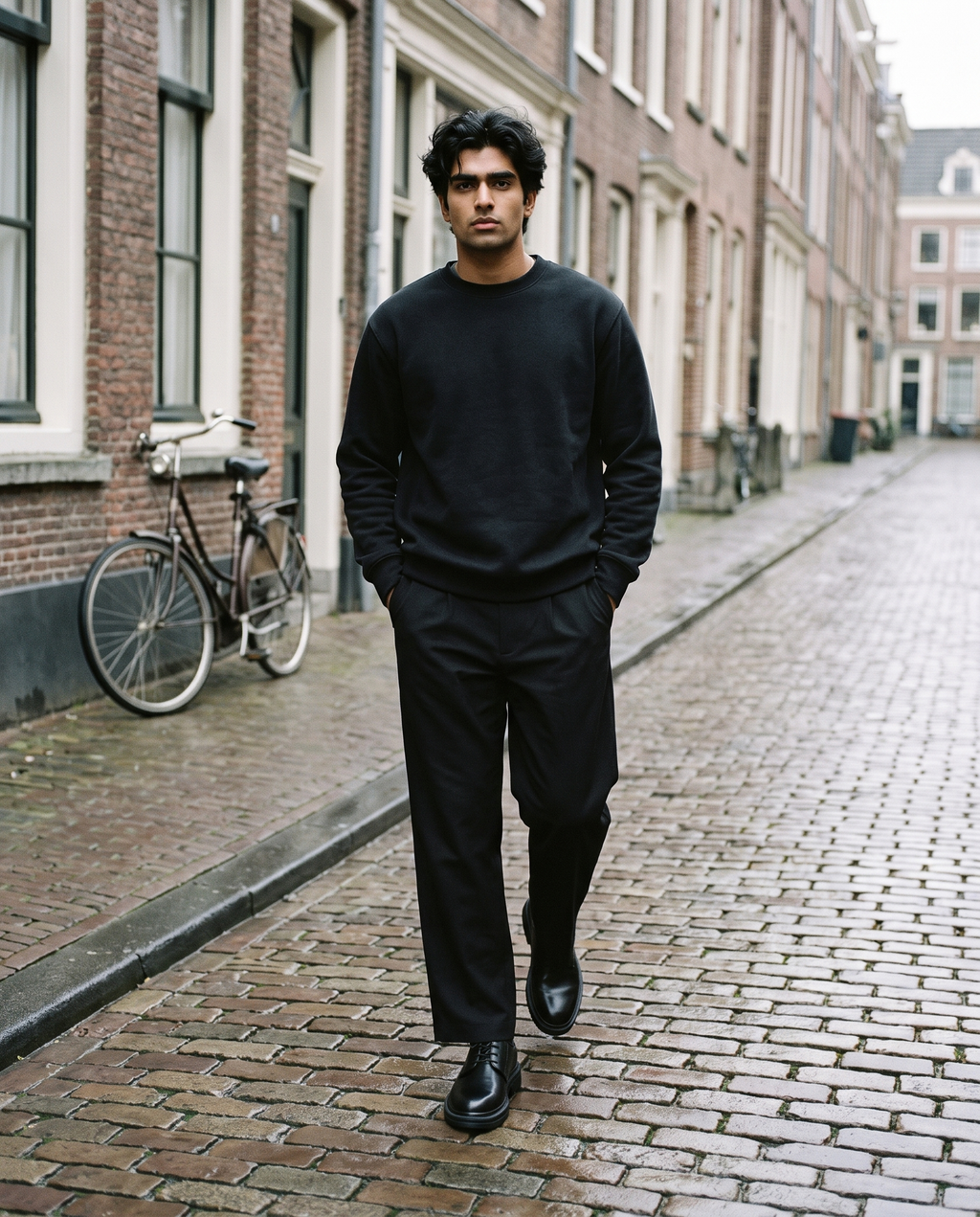 Man in Black fleeced sweatshirt and black trousers on a cobbled canal street