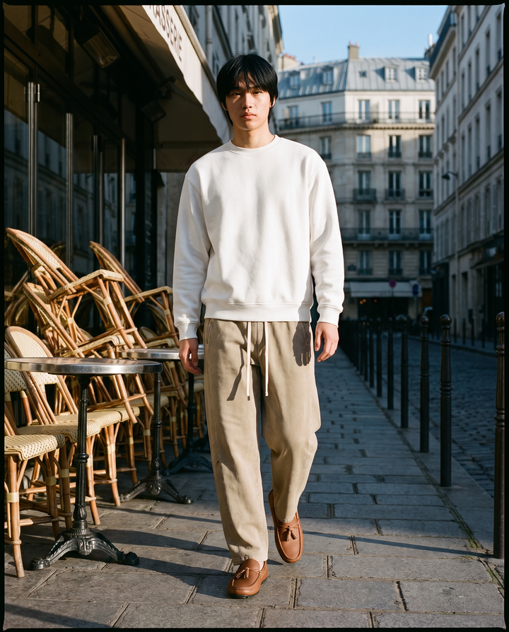 Man in White fleeced sweatshirt and beige drawstring trousers on a Paris street