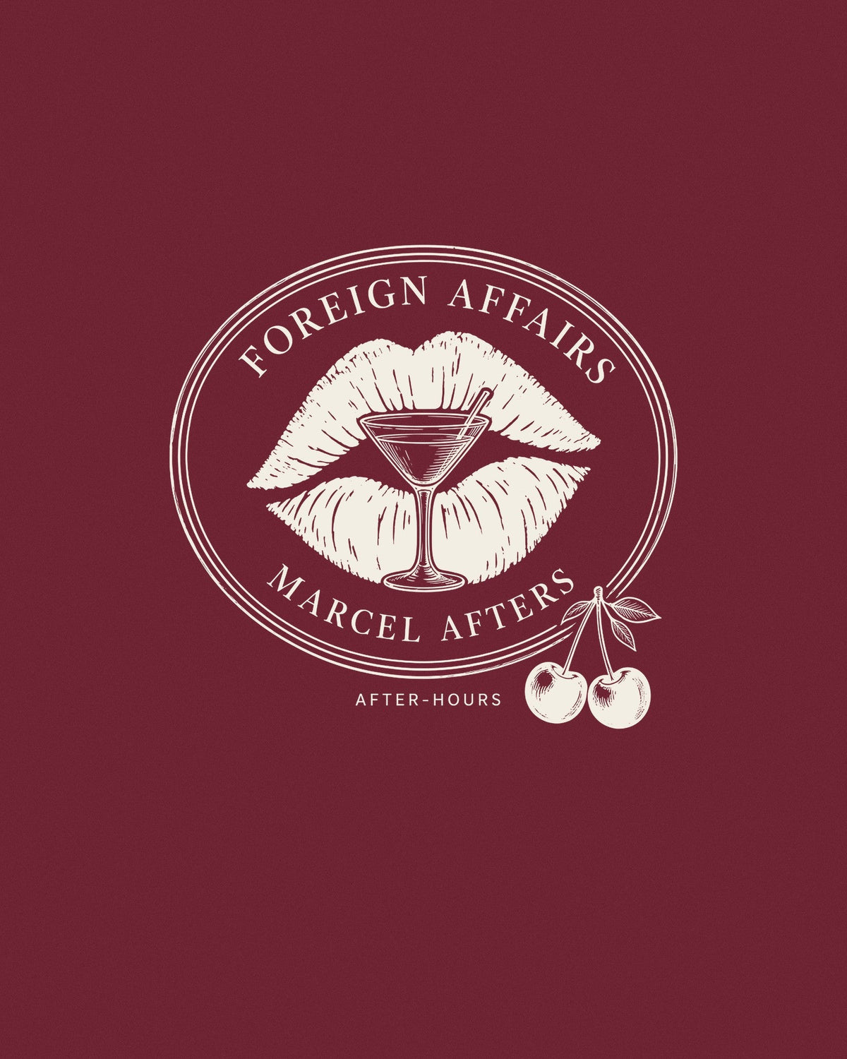 Foreign Affairs Seal engraved drawing by Marcel Afters: an oval seal of lips, a martini glass and cherries, set on a deep wine ground.