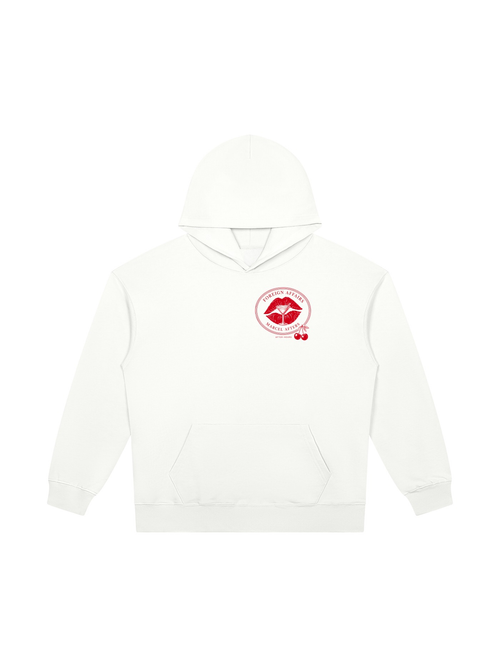 Foreign Affairs Seal heavyweight pullover hoodie in White, front view with a crimson lips-and-martini seal with cherries. Marcel Afters.