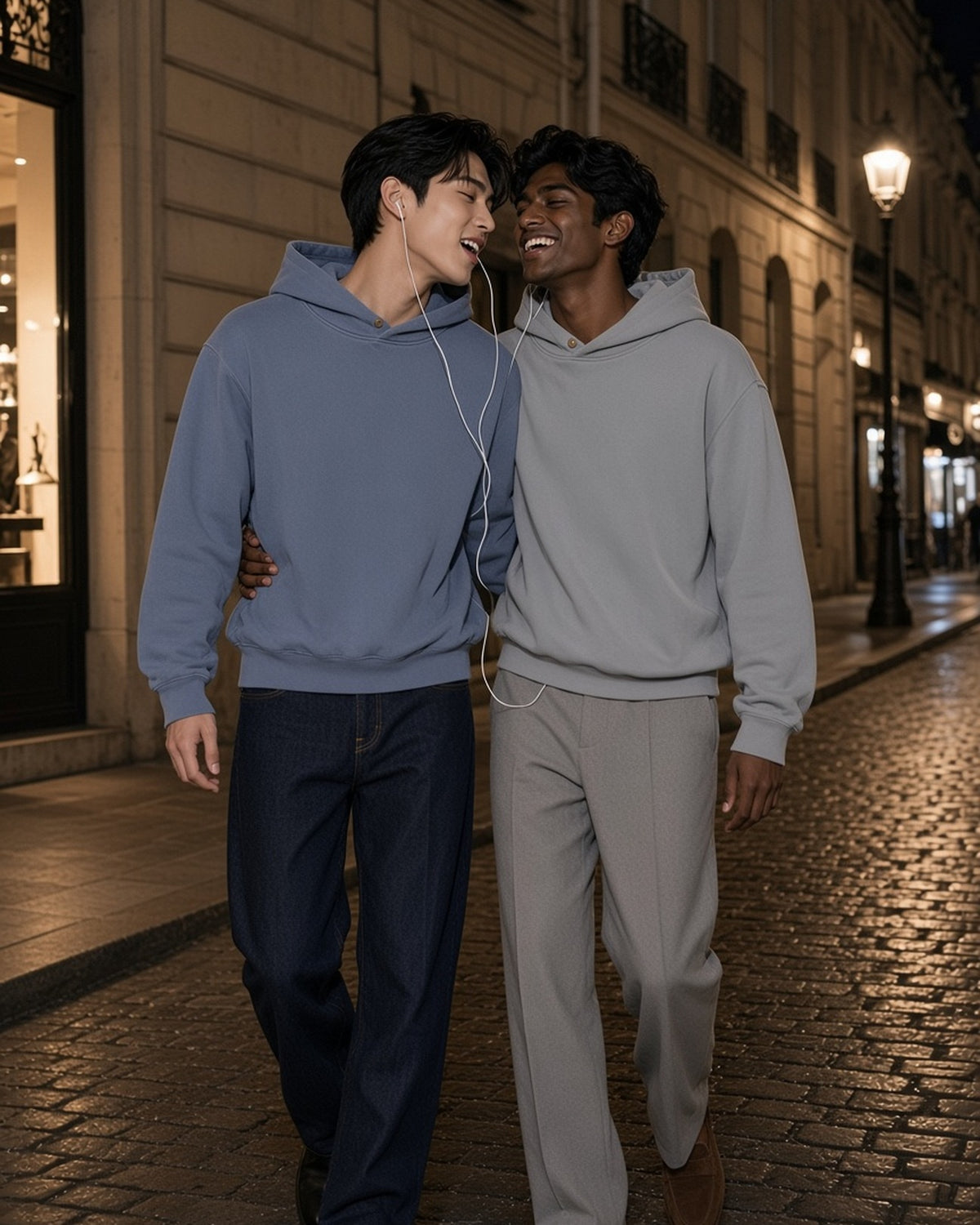 Two men in the Frayed Enzyme Washed Fleece Hoodie in Blue and Light Gray, sharing earphones on a Paris street at night