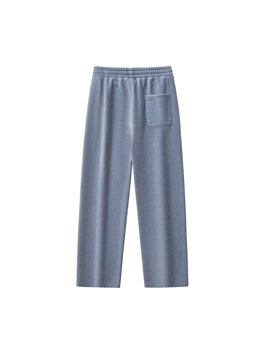 Marcel Afters Frayed Enzyme Washed Fleece Sweatpants in Blue, laid flat