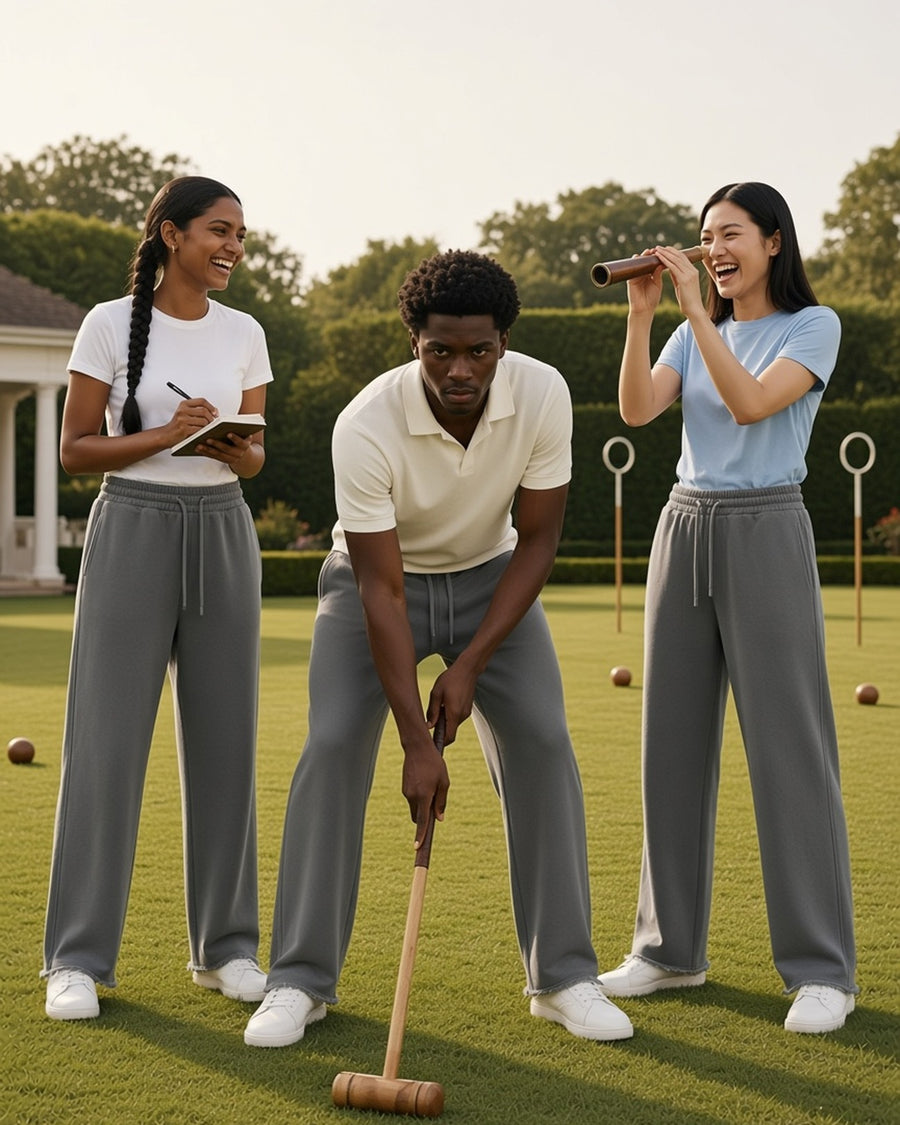 Three people in the Frayed Enzyme Washed Fleece Sweatpants in Light Gray, playing croquet on a club lawn