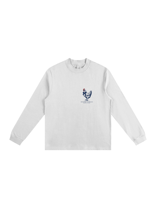 French Hen. No Apology mock neck sweatshirt in White, front view with an engraved hen with a red comb and white bow. Marcel Afters.