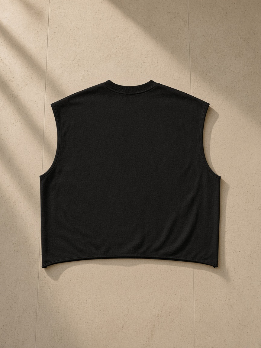 Men's French Terry Boxy Tank Top in Black, laid flat on pale limestone, back view