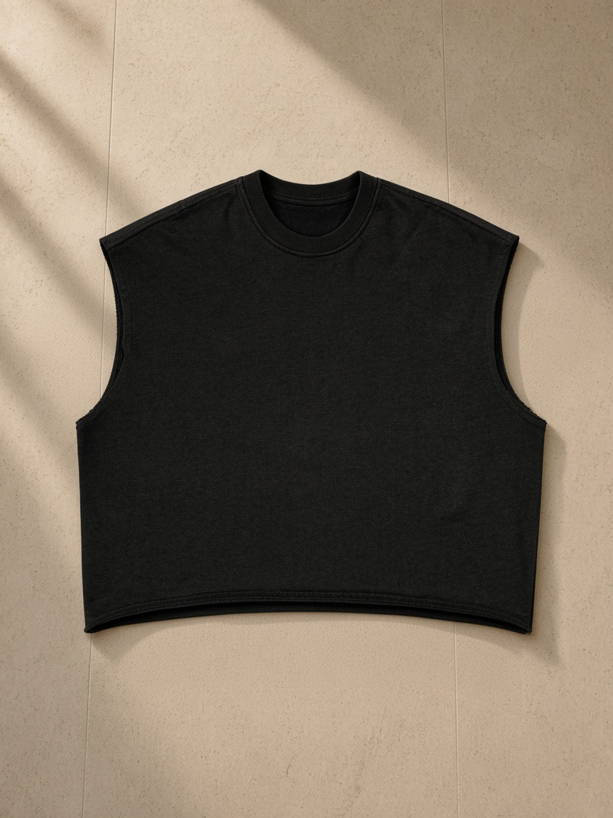 French Terry Boxy Tank Top in Black, laid flat on pale limestone