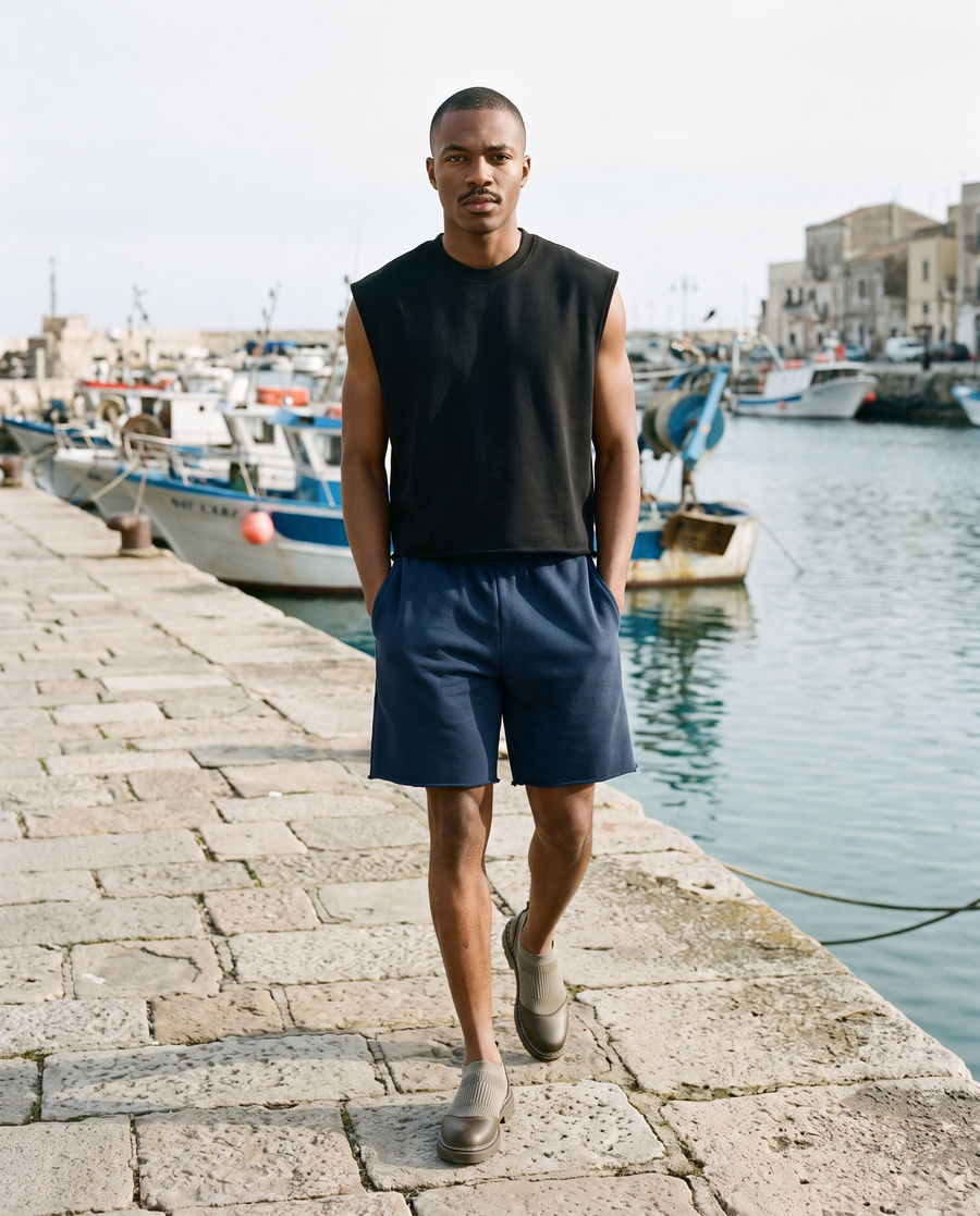 Man in Black French terry boxy tank top and navy shorts on a harbour quay