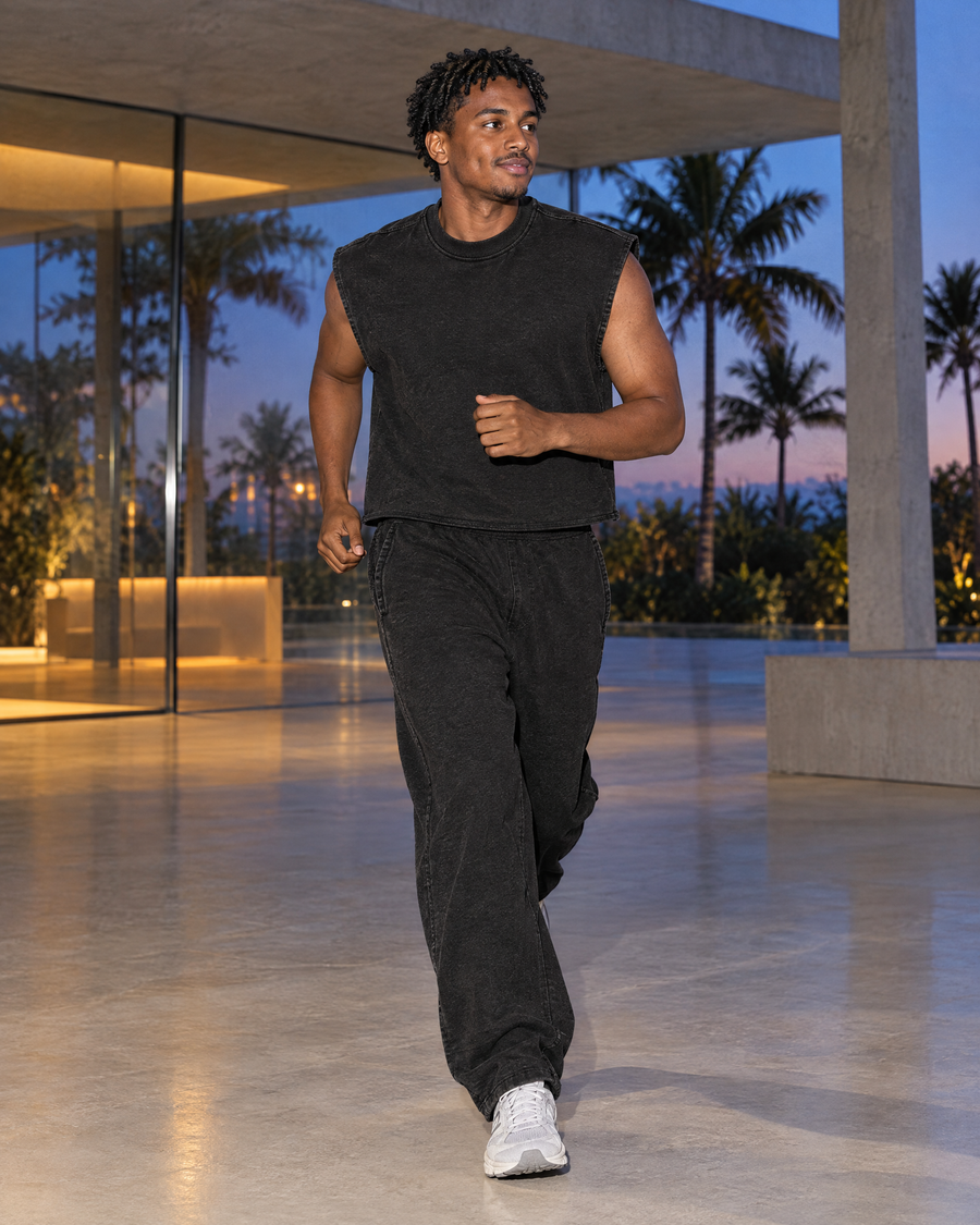 French Terry Boxy Tank Top, Dark Tones, worn by the model in motion