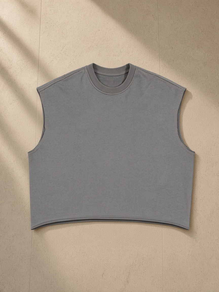 French Terry Boxy Tank Top in Gray, laid flat on pale limestone