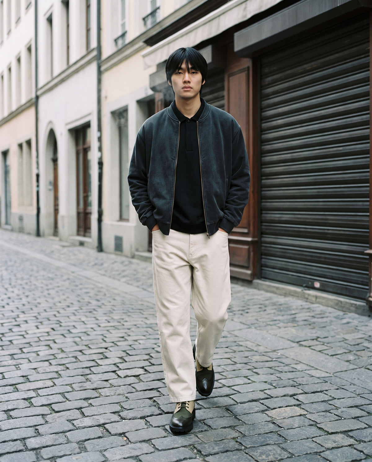 Man wearing The Country House Boot with the Heavyweight Fleece Polo Sweatshirt in Black, Heavyweight Cotton Straight-Leg Pants in Pale Khaki, Vintage Washed Fleece Baseball Jacket in Black. Cold City, Autumn–Winter 2026 campaign