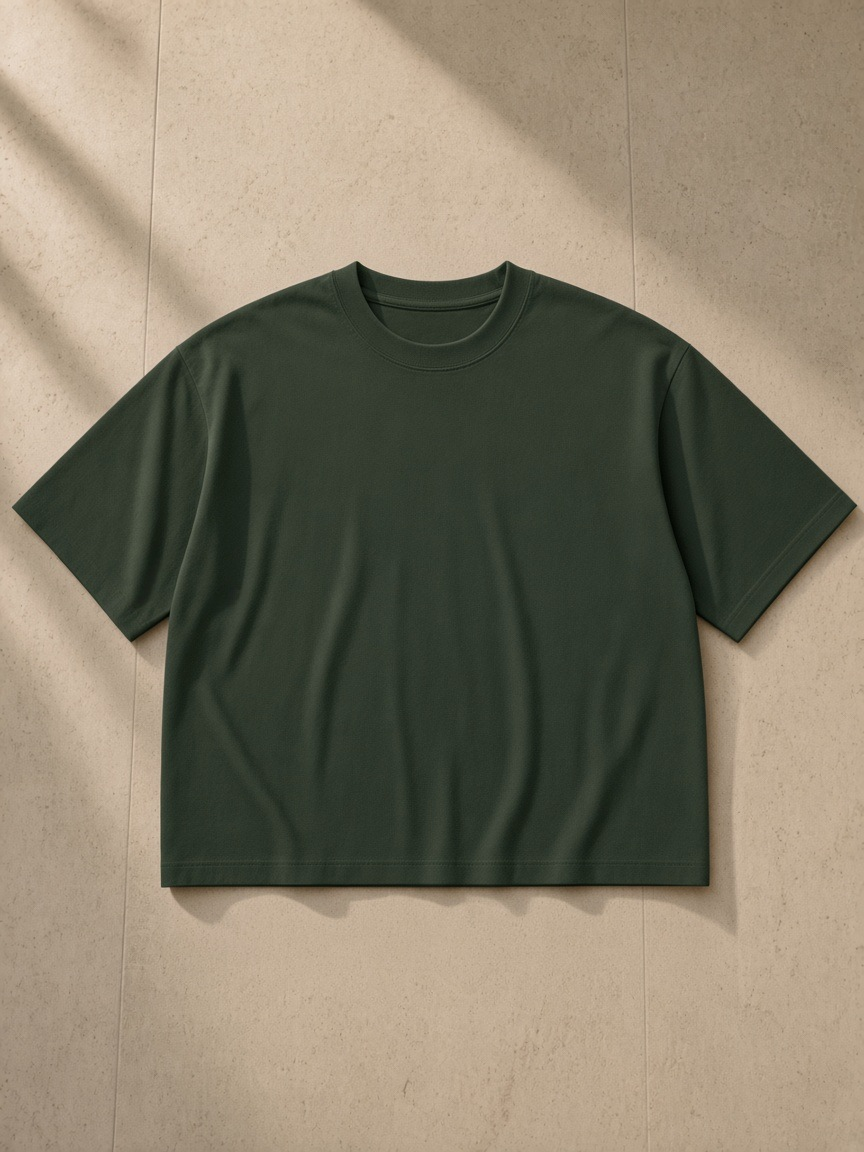 Heavyweight Boxy T-Shirt in Blackish Green, laid flat on pale limestone