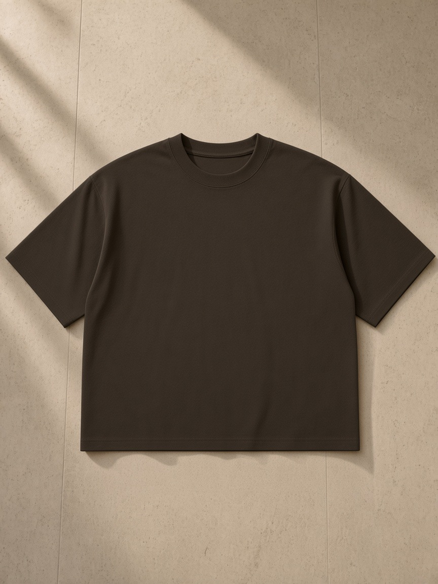 Heavyweight Boxy T-Shirt in Coffee, laid flat on pale limestone