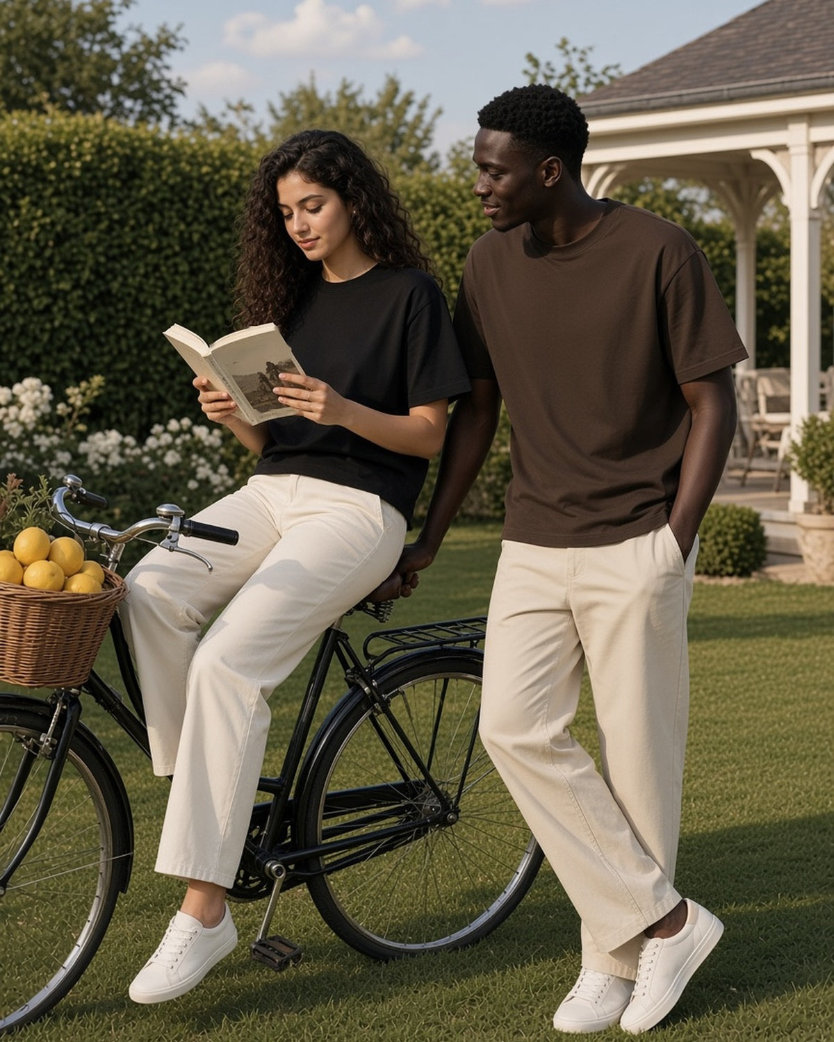 Two people in the Heavyweight Boxy T-Shirt in Black and Coffee, she reading side-saddle on a vintage bicycle on a club lawn
