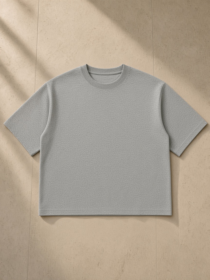 Heavyweight Boxy T-Shirt in Flower Gray, laid flat on pale limestone