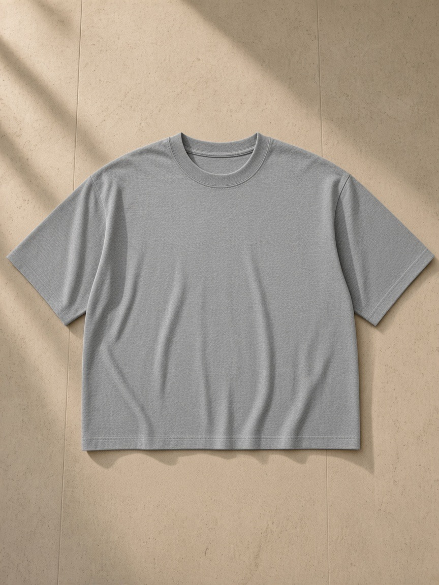 Heavyweight Boxy T-Shirt in Gray, laid flat on pale limestone