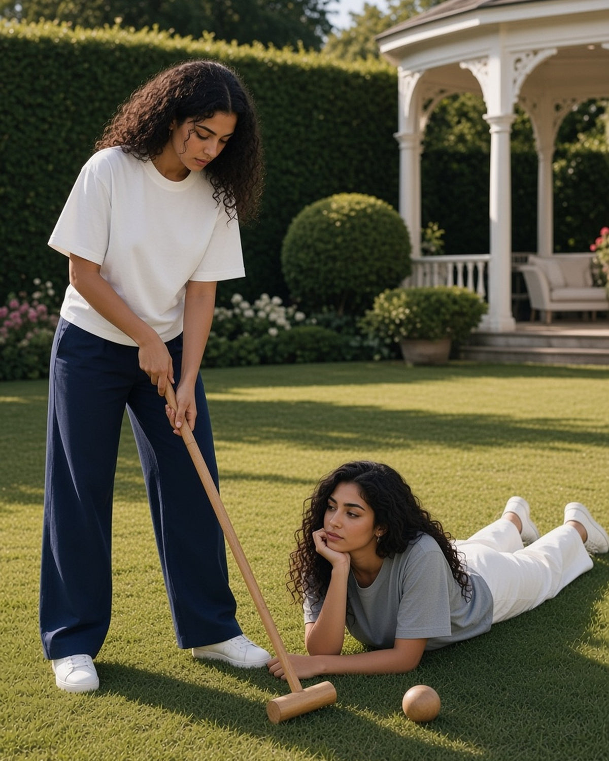 Two women in the Heavyweight Boxy T-Shirt in White and Gray playing croquet on a club lawn