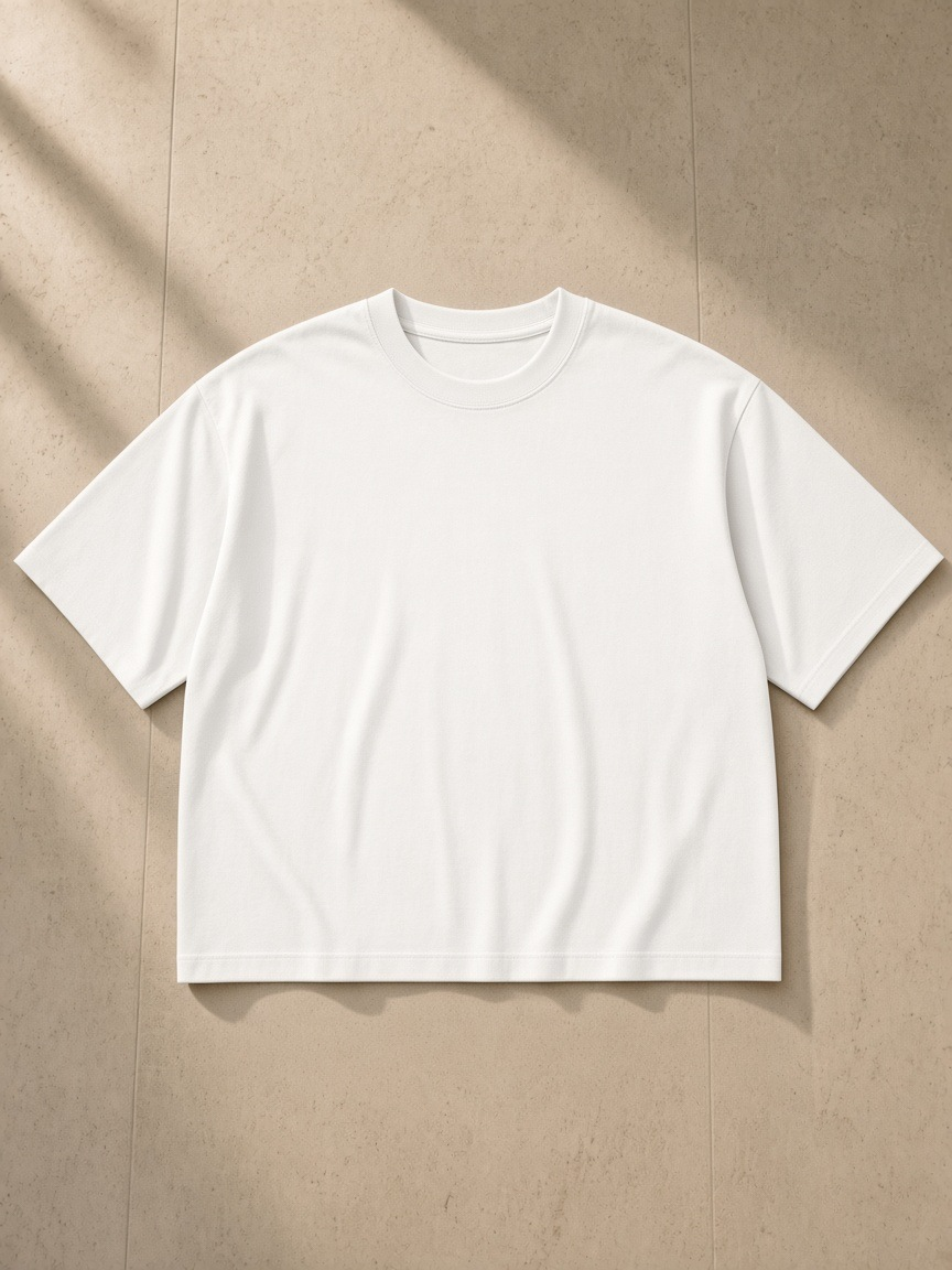 Heavyweight Boxy T-Shirt in White, laid flat on pale limestone