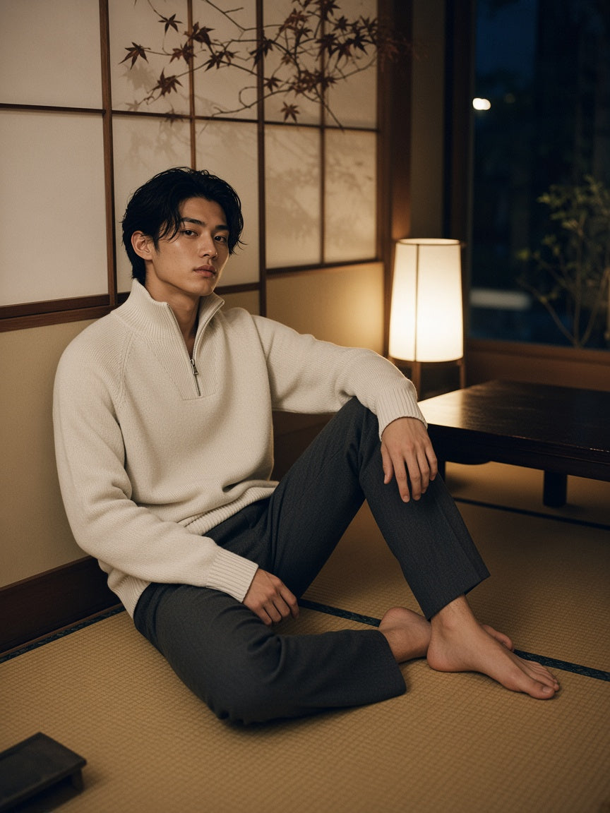 Marcel Afters Heavyweight Collared Quarter-Zip in Beige, worn by a man, dark room