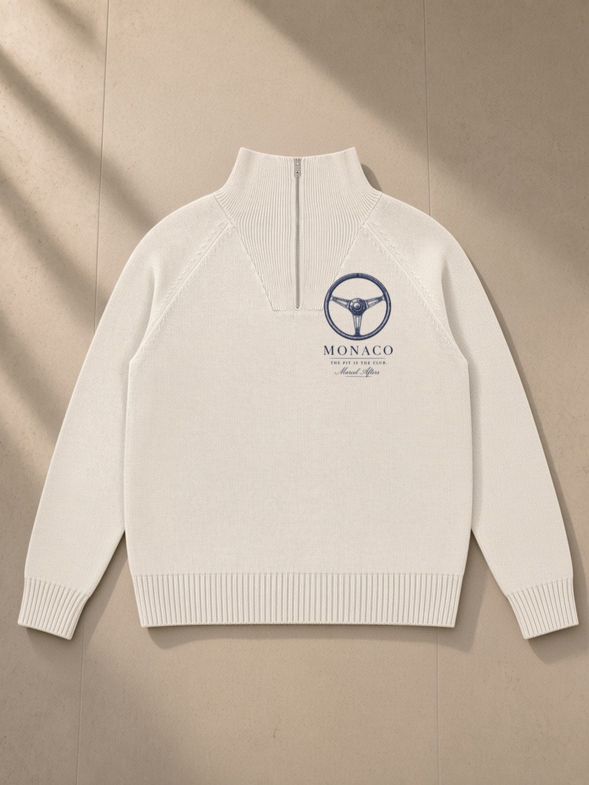 Heavyweight Collared Quarter-Zip in Beige, front view on a limestone floor
