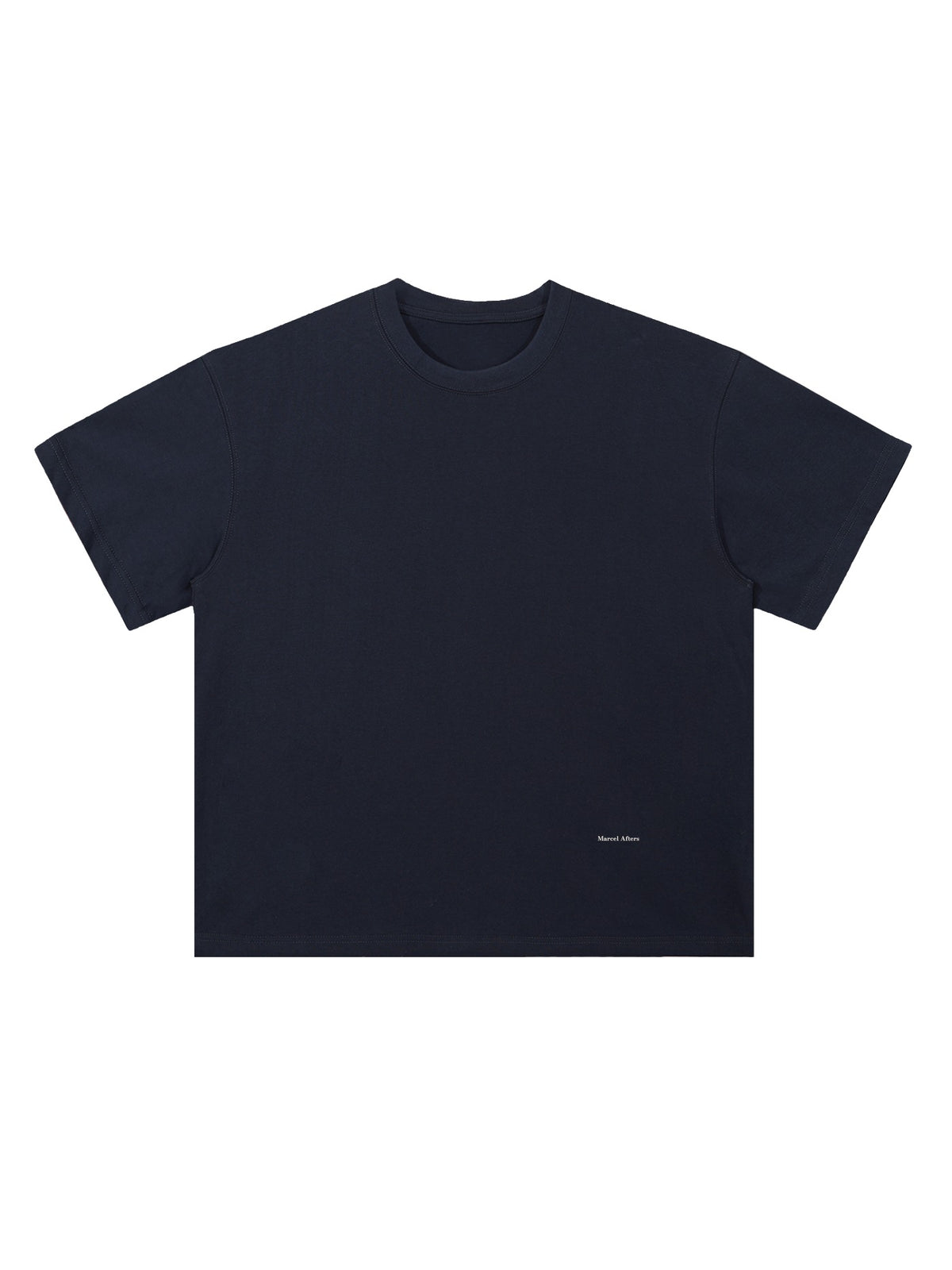 Marcel Afters Heavyweight Drop Shoulder Cotton T-Shirt in Navy, laid flat, plain white background