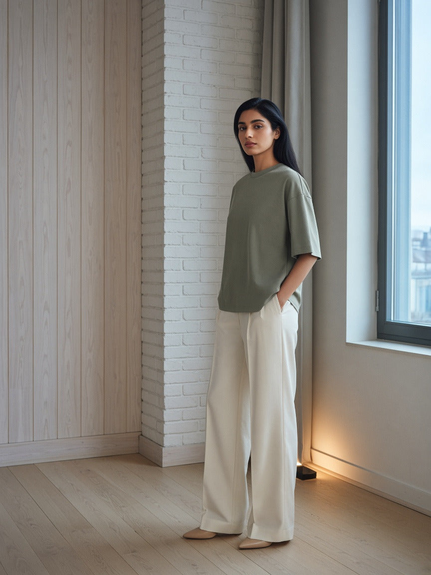 Woman wearing the Heavyweight Drop Shoulder T-Shirt in Grey Green, full-length model photo