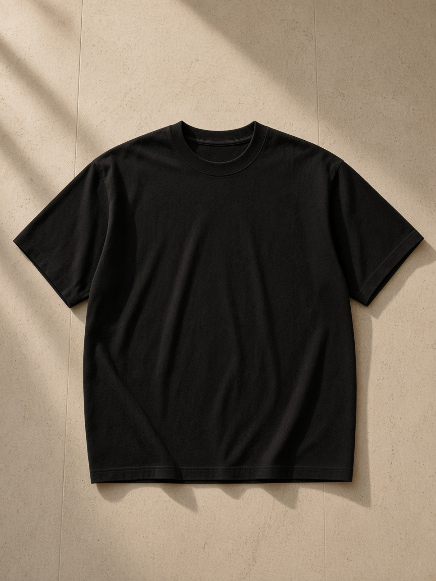 Heavyweight Earth Tone T-Shirt in Black, laid flat on pale limestone