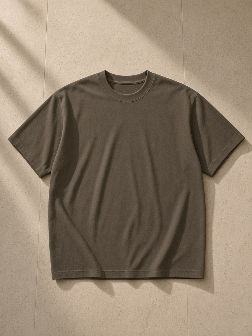 Heavyweight Earth Tone T-Shirt in Brown, laid flat on pale limestone