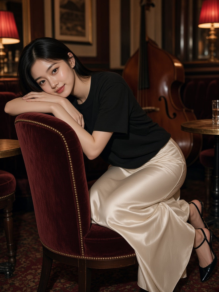 Marcel Afters Heavyweight Earth Tone T-Shirt in Black, worn by a woman, seated in a velvet armchair, Paris bar